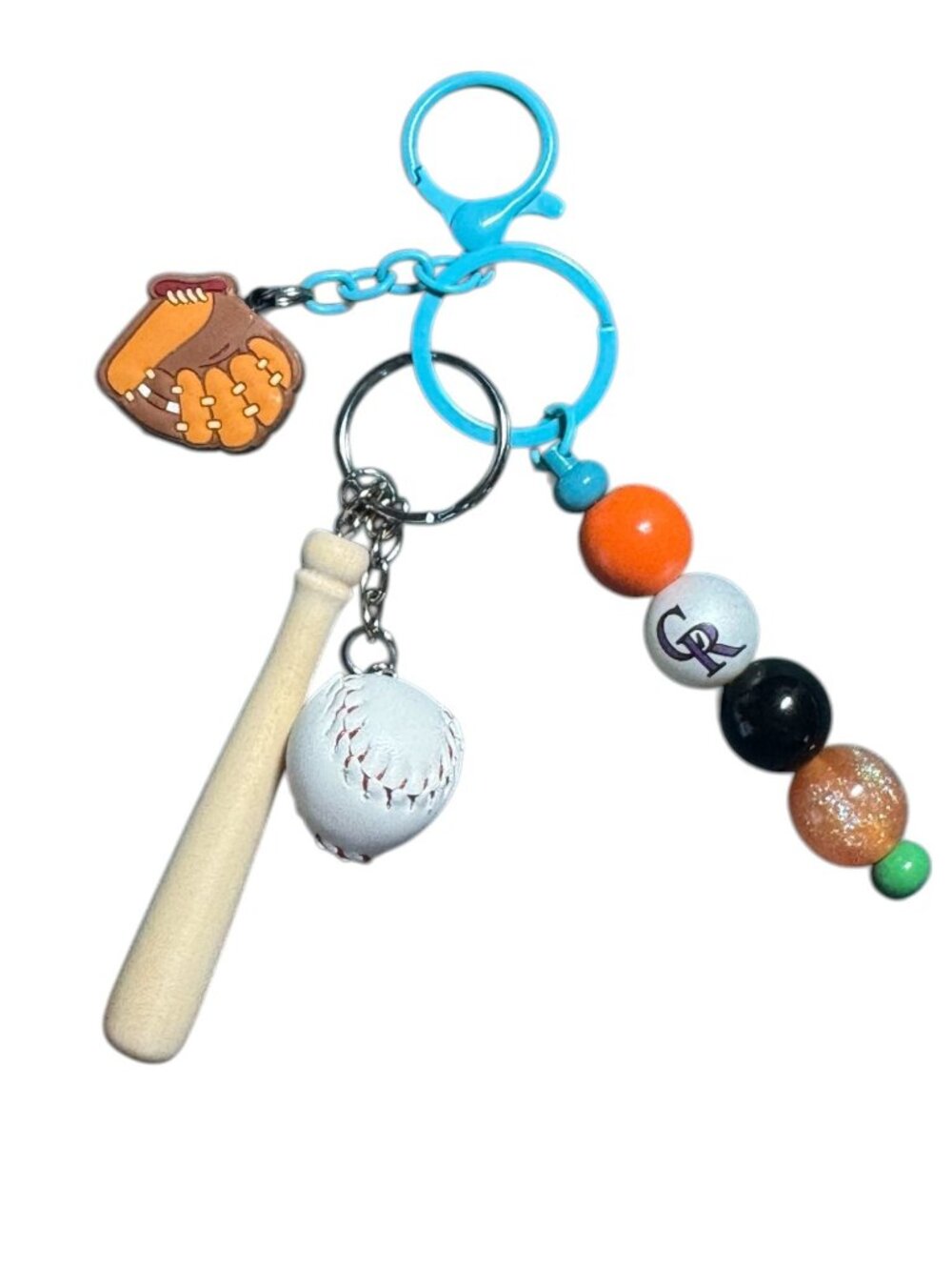 Colorado Rockies Baseball-Themed Keychain With Bat Ball Mitt & Beaded Charms - B